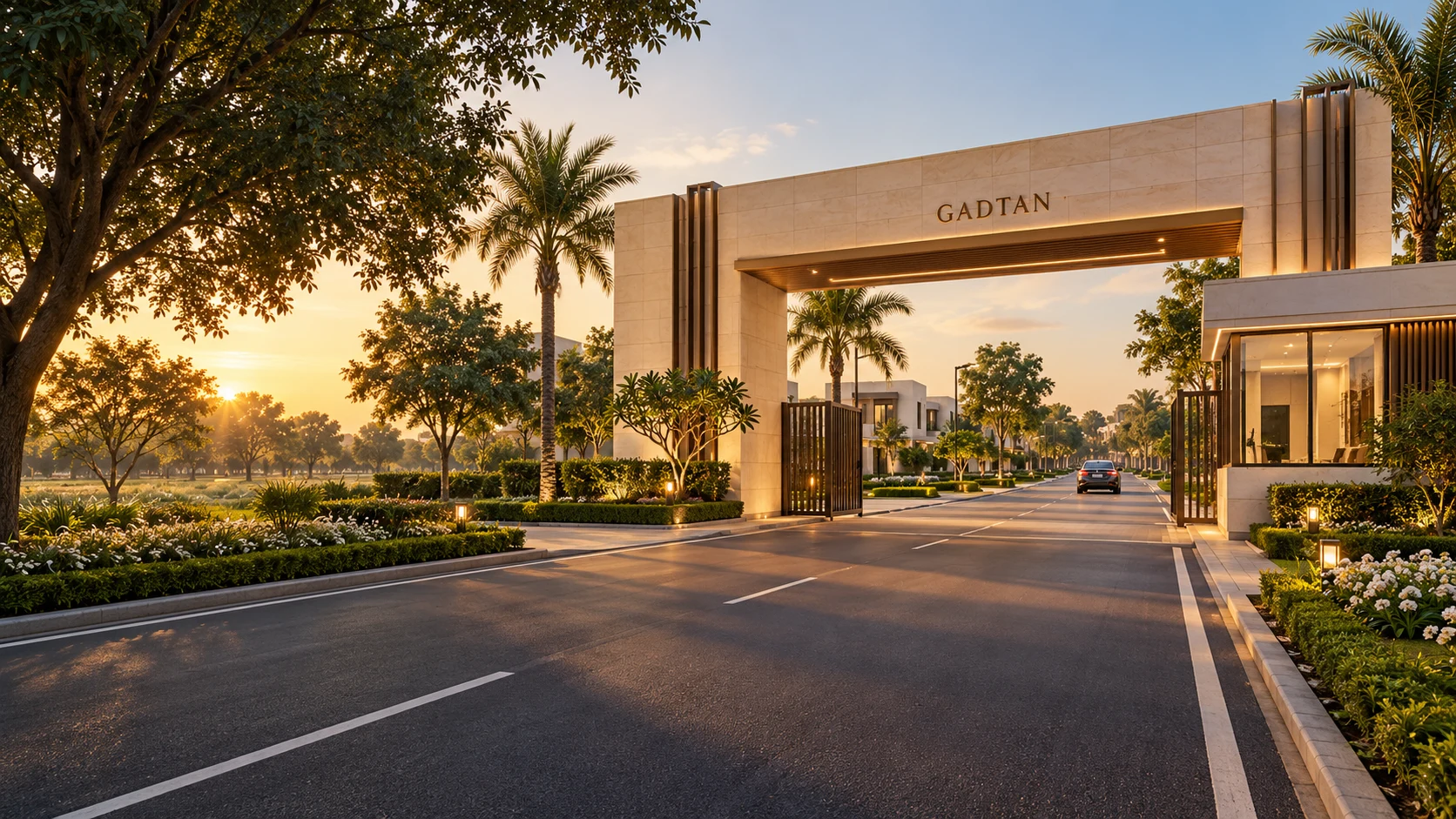 Illustrative vision of a landscaped plotted community at sunset